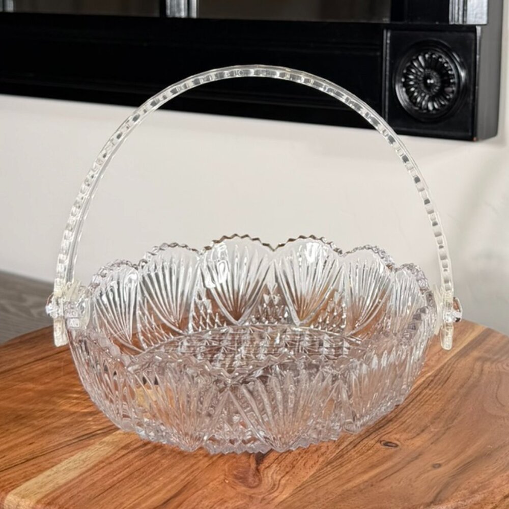 Vintage Cut Glass Candy Dish w/ Clear Handle | Retro Glass Basket Bowl | Cottage